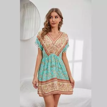 Летнее женское повседневное платье с V-образным вырезом и коротким рукавом с высокой талией и богемным цветочным принтом S-XXL S бежевый