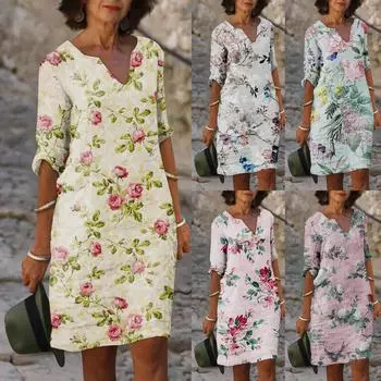 Летнее женское повседневное платье с v-образным вырезом и принтом до половины рукава, классическое тонкое модное китайское платье в стиле ретро, базовое XXL