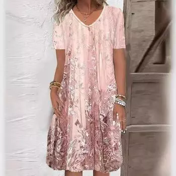 Летнее женское повседневное платье с V-образным вырезом и короткими рукавами с цветочным принтом, повседневные платья класса А S розовый