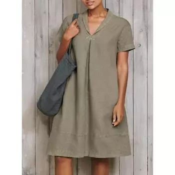 Летнее женское повседневное платье свободного кроя с короткими рукавами и V-образным вырезом S небесно-голубой