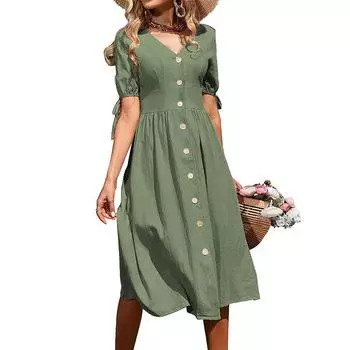 Летнее женское повседневное платье средней длины с пуговицами и короткими рукавами S абрикосовый