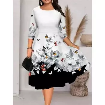 Летнее женское повседневное платье-труба с цветочным принтом и круглым вырезом средней длины XL чёрный