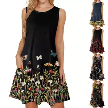Летнее женское повседневное пляжное платье без рукавов с принтом и круглым вырезом M