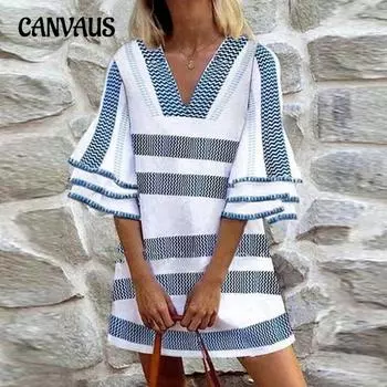 Летнее женское повседневное полосатое принтованное свободное платье миди, платье-пуловер 1XL светло-синий