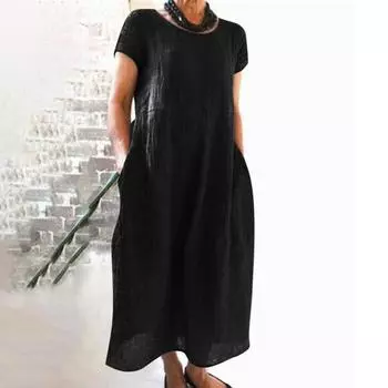Летнее женское повседневное свободное хлопково-льняное платье с коротким рукавом, однотонное, с круглым вырезом, со строчкой и карманом M чёрный