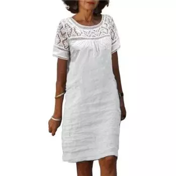 Летнее женское повседневное свободное мини-платье из хлопка и льна с коротким рукавом и круглым вырезом, кружевный сарафан, пляжные короткие платья S белый