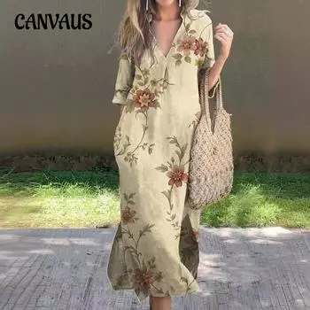 Летнее женское повседневное свободное платье больших размеров с разрезом и V-образным вырезом с принтом S