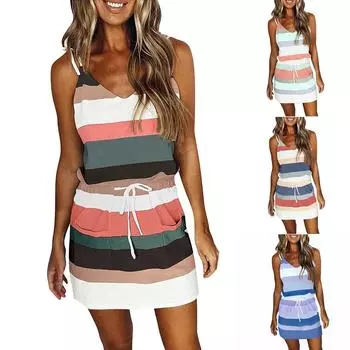 Летнее женское повседневное свободное платье в стиле бохо без рукавов в полоску контрастного цвета, пляжное платье с карманами L синий