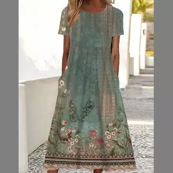 Летнее женское повседневное женское платье со средней посадкой и круглым вырезом с большим подолом и принтом XXXL