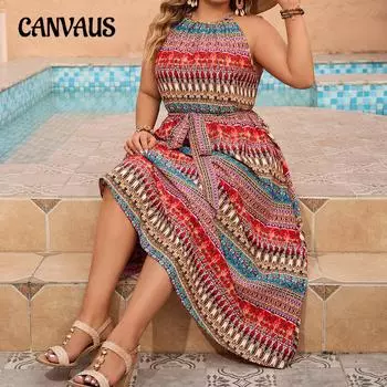 Летнее женское праздничное свободное платье больших размеров, богемное длинное платье без рукавов с висячим воротником и шеей