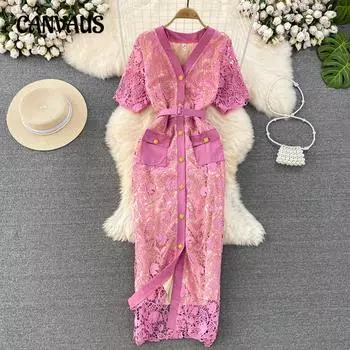 Летнее женское профессиональное темпераментное однобортное кружевное платье с короткими рукавами и воротником на бедрах One Size розовый