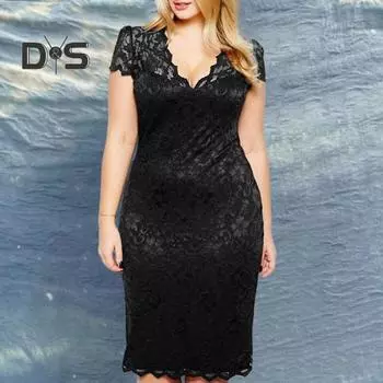 Летнее женское прозрачное кружевное мини-платье в стиле пэчворк с V-образным вырезом и коротким рукавом, облегающее платье больших размеров для вечеринок, женская одежда 5XL чёрный