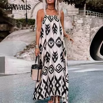 Летнее женское пуловерное платье без рукавов с лямкой на шее, модное свободное длинное платье с принтом S