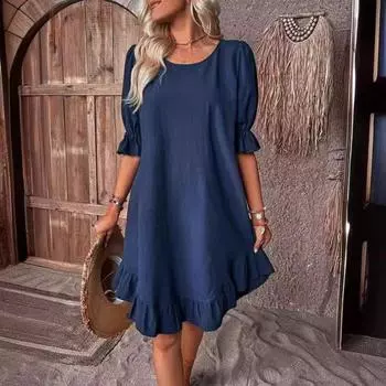 Летнее женское ретро хлопковое льняное платье со средними рукавами и круглым вырезом, однотонное свободное повседневное платье с большим качелями S чёрный