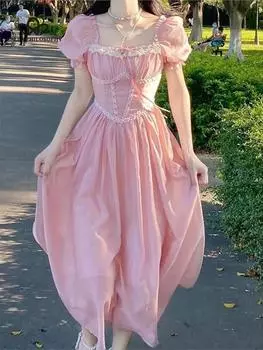Летнее женское розовое милое праздничное платье с квадратным воротником в стиле пэчворк Vestidos женственное элегантное платье с пышными рукавами и бантом на ленте S розовый
