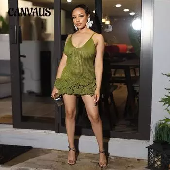 Летнее женское сексуальное деревянное вязаное платье с бретельками и запахом S зелёный