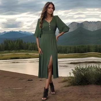 Летнее женское сексуальное длинное платье трапециевидной формы с V-образным вырезом и рукавами с рюшами, сплошной цвет L зелёный
