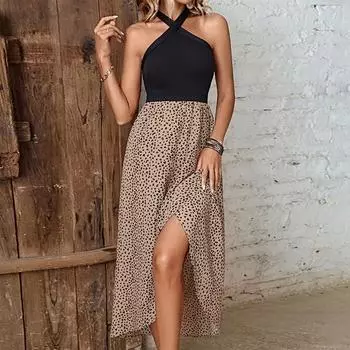 Летнее женское сексуальное длинное платье с леопардовым принтом и висячим вырезом на шее, нерегулярный разрез S хаки