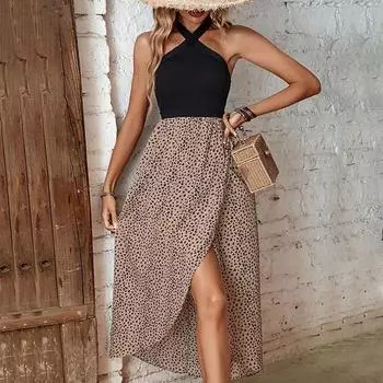 Летнее женское сексуальное длинное платье с леопардовым принтом и висячим вырезом на шее, нерегулярный разрез S хаки