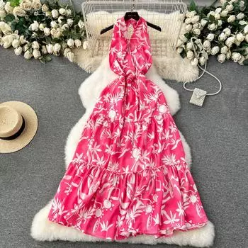 Летнее женское сексуальное длинное пляжное платье макси с открытой спиной и глубоким v-образным вырезом, шифоновые праздничные платья S