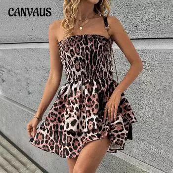 Летнее женское сексуальное платье без спинки с леопардовым принтом и короткими рукавами в стиле Sweet Spice S коричневый/кофейный
