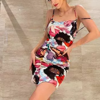 Летнее женское сексуальное платье-майка в стиле Холтер с открытой спиной, повседневное пляжное мини-платье с глубоким v-образным вырезом и открытой спиной, пляжное мини-платье с цветочным принтом L разноцветный