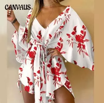 Летнее женское сексуальное платье с v-образным вырезом и нерегулярными рукавами «летучая мышь» S красный