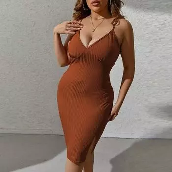 Летнее женское сексуальное платье с v-образным вырезом на бретельках плюс размер, облегающее платье на бедрах, повседневное темпераментное модное однотонное платье для женщин XL темно-коричневого