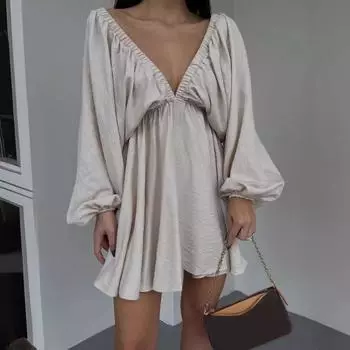 Летнее женское сексуальное платье с большим V-образным вырезом, модное свободное плиссированное короткое платье с длинным рукавом, новое элегантное повседневное пляжное женское однотонное мини-платье, одежда S белый