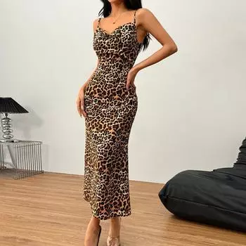 Летнее женское сексуальное платье с открытой спиной y2k Модное облегающее платье с леопардовым принтом без рукавов элегантное платье-футляр для вечеринок на бретелях S