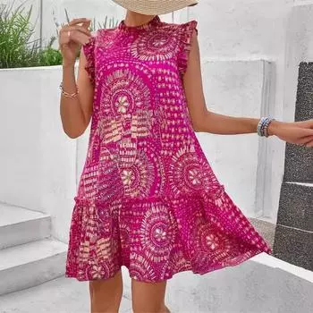 Летнее женское сексуальное плиссированное пляжное платье с винтажным цветочным принтом, платье с рюшами и рукавами в форме сердца, мини-платье, элегантное красное платье трапециевидной формы S