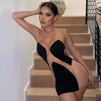 Летнее женское сексуальное сетчатое платье из молочного шелка контрастного цвета с перспективой S чёрный