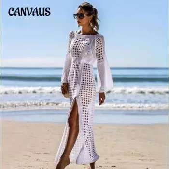 Летнее женское сексуальное вязаное пляжное платье с длинными рукавами и разрезом, праздничное длинное платье, купальники, наружная накидка, солнцезащитная одежда One Size белый
