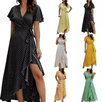 Летнее женское сексуальное женское пляжное повседневное платье с v-образным вырезом и коротким рукавом M оранжевый