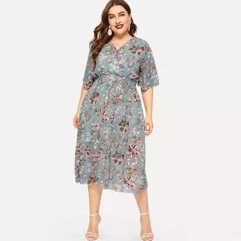 Летнее женское шифоновое длинное платье больших размеров с цветочным принтом и v-образным вырезом, коротким рукавом и высокой талией L синий