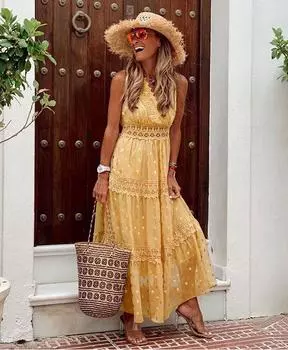 Летнее женское шифоновое платье миди без рукавов с глубоким V-образным вырезом Small жёлтый