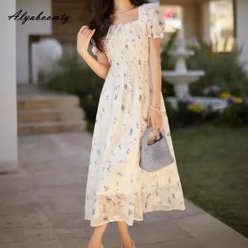 Летнее женское шифоновое платье миди в корейском стиле с цветочным принтом и квадратным воротником, бандажное платье с пышными рукавами, милое женственное платье