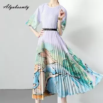 Летнее женское шифоновое платье размера плюс, платье большого размера с цветным принтом и поясом, женское плиссированное длинное платье с короткими рукавами One Size зелёный