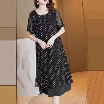 Летнее женское шифоновое платье с короткими рукавами, прикрывающее живот, свободное длинное платье в горошек во французском стиле для женщин Vestidosprinted XXXXL чёрный
