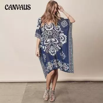 Летнее женское синее пляжное накидка с принтом, свободная антипраздничная рубашка от солнца, накидки на бикини One Size синий