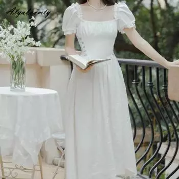 Летнее женское сказочное белое платье принцессы миди во французском стиле с квадратным воротником на шнуровке, женственное платье с пышными рукавами, жаккардовые платья S белый
