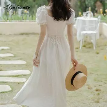 Летнее женское сказочное белое платье принцессы миди во французском стиле с квадратным воротником на шнуровке, женственное платье с пышными рукавами, жаккардовые платья S белый
