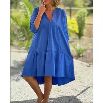 Летнее женское свежее и милое однотонное повседневное длинное платье с V-образным вырезом и широким подолом S чёрный