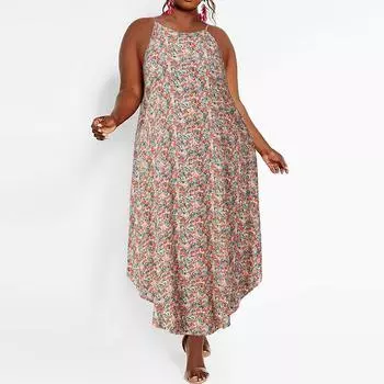 Летнее женское свободное длинное платье без рукавов с цветочным принтом и нерегулярным подолом больших размеров S красный