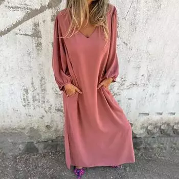 Летнее женское свободное длинное платье с v-образным вырезом и рукавами-фонариками, сплошное цветное платье макси, тонкое платье из полиэфирной ткани с разрезом для офиса, пляжной вечеринки S оранжевый