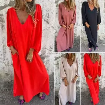 Летнее женское свободное длинное платье с v-образным вырезом и рукавами-фонариками, сплошное цветное платье макси, тонкое платье из полиэфирной ткани с разрезом для офиса, пляжной вечеринки S оранжевый