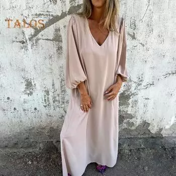 Летнее женское свободное длинное платье с V-образным вырезом и рукавами-фонариками, сплошное цветное платье макси, платье из полиэстера с разрезом, тонкое платье для офиса, пляжной вечеринки S оранжевый