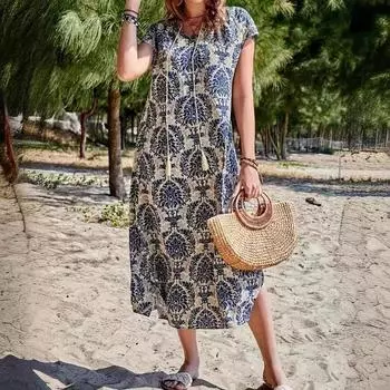 Летнее женское свободное длинное платье с кисточками и растительным принтом Платья S