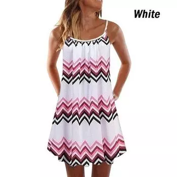 Летнее женское свободное мини-платье на бретельках в полоску с цветочным принтом S