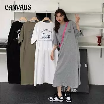 Летнее женское свободное платье-футболка с разрезом до колена большого размера, повседневное платье с буквенным принтом M белый